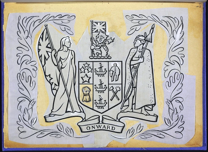 Woods, George, 1898-1963 :[Design for a New Zealand Coat of Arms. 1945?]