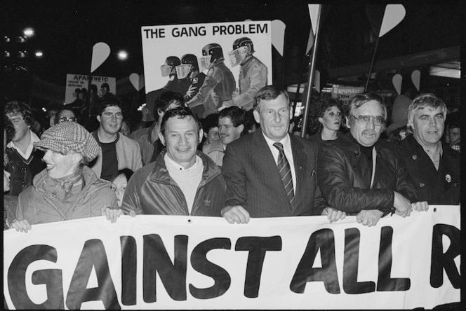 Race relations conciliator Mr Hiwi Tauroa, and the Mayor of Auckland Mr Colin Kaye leading an anti-apartheid march through Auckland
