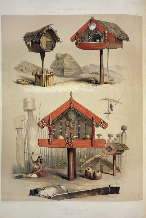 Angas, George French, 1822-1886 :Whatas, or patukas. (Storehouses for food) / George French Angas [delt]; J. W. Giles [lith]. Plate 30. 1847.