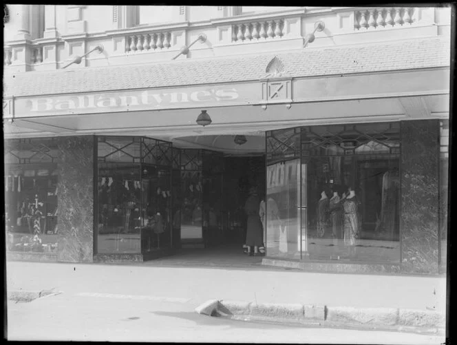 Exterior view, entrance, Ballantyne's department store, Christchurch