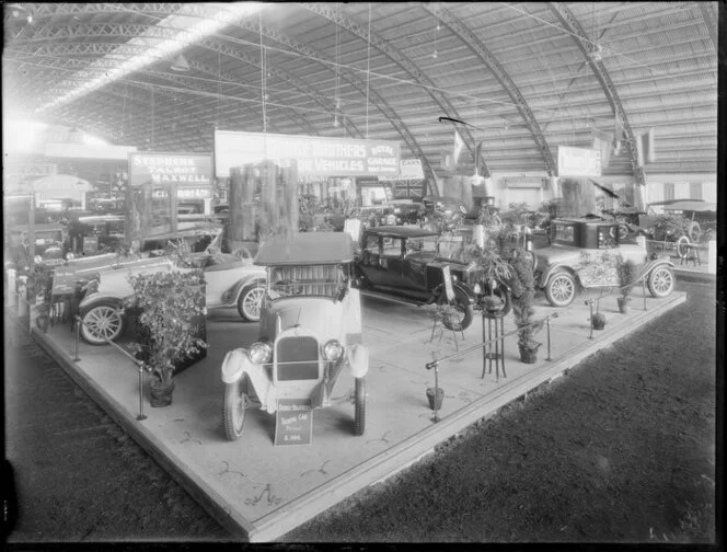 Cars on display at the Olympia Motor Show, King Edward Barracks, Christchurch, featuring Dodge touring car