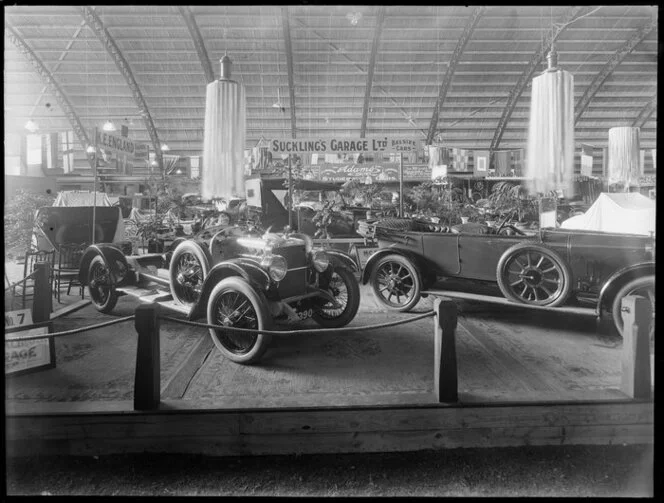 Cars on display at the Olympia Motor Show, King Edward Barracks, Christchurch