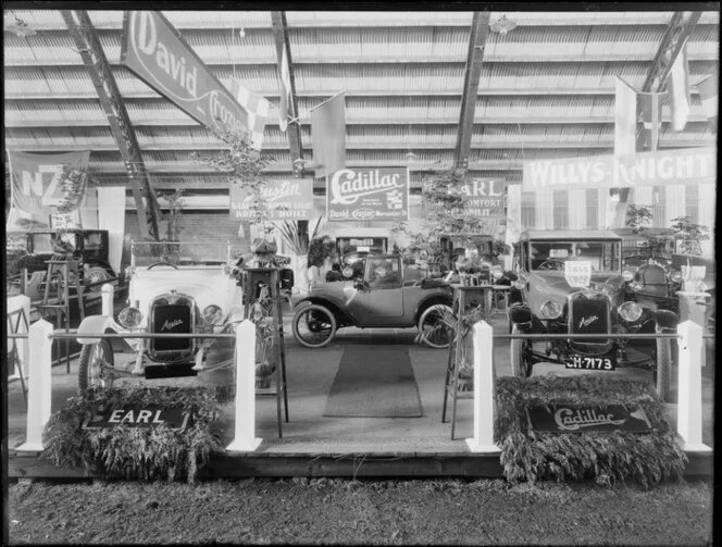 Cars on display at the Olympia Motor Show, King Edward Barracks, Christchurch