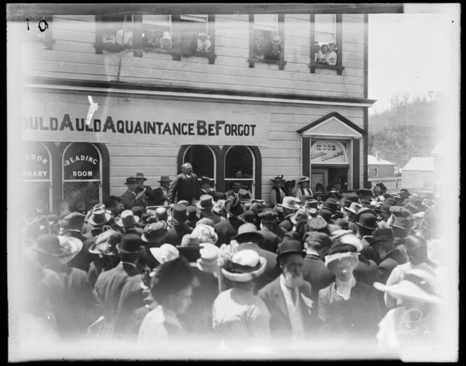 Public gathering outside the Ross Borough Council Chambers, West Coast