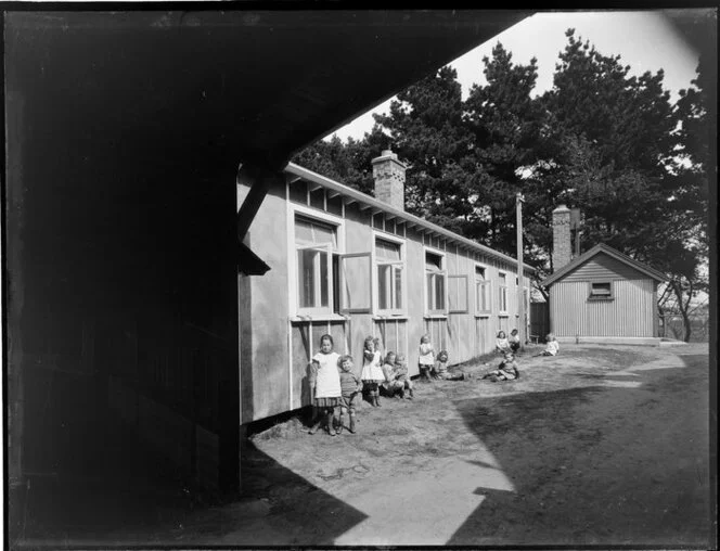 Outdoor scene with children, Saint Saviour's Orphanage, Christchurch