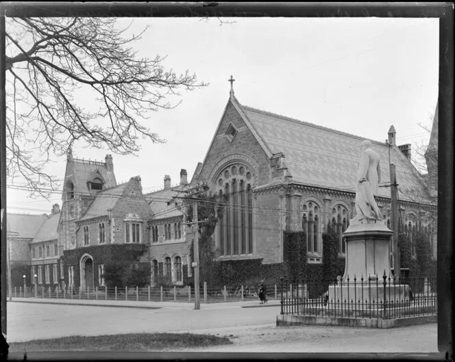 Corner of Worcestor Street and Rolleston Avenue, Christchurch, showing the statue of William Rolleston and Canterbury University