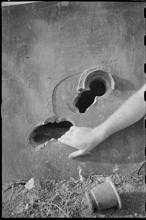 Holes in the turret of a German gun emplacement, Italy, during World War 2 - Photograph taken by George F Kaye