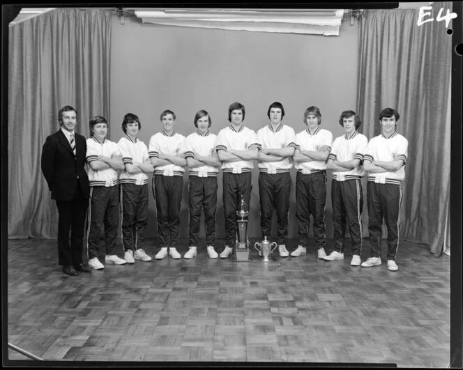 St Patricks' College, [Wellington or Silverstream?], indoor basketball team, with trophies