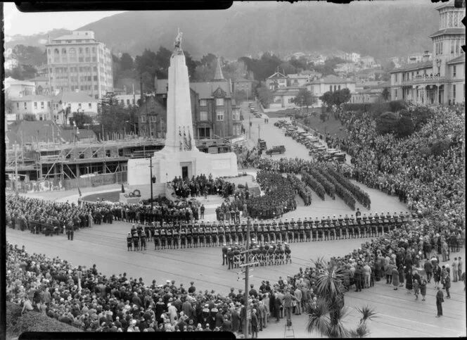 Military parade & crowds around Cenotaph, Wellington