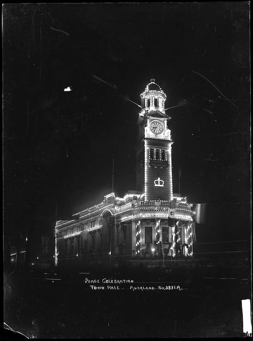 View of Auckland Town Hall, Auckland taken at night to show the Peace celebration illuminations