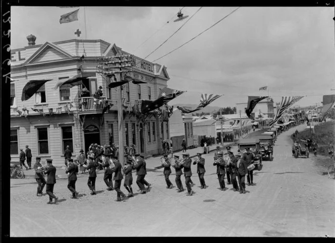 Pipe band leading motorcade, opening of Mangahao Hydro Power Station