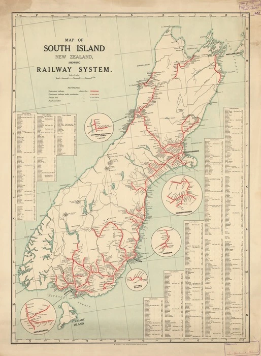 Map of South Island, New Zealand, showing railway system.