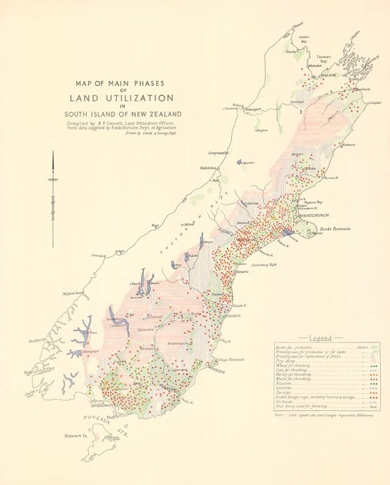 Map of main phases of land utilization in South Island of New Zealand / compiled by R.P. Connell, Land Utilization Officer, from data supplied by Fields Division, Dept. of Agriculture ; drawn by Lands & Survey Dept.