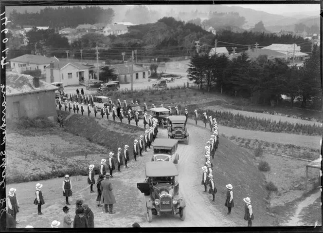 Schoolgirls lining driveway, Marsden School, Wellington