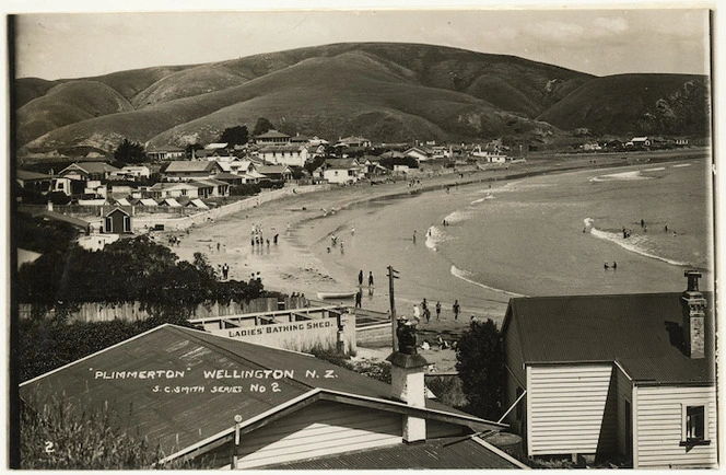 Overlooking the beach, and houses on the waterfront, at Plimmerton