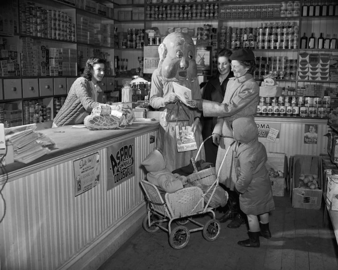 Otago University College student canvassing the local shopping area during the selling campaign