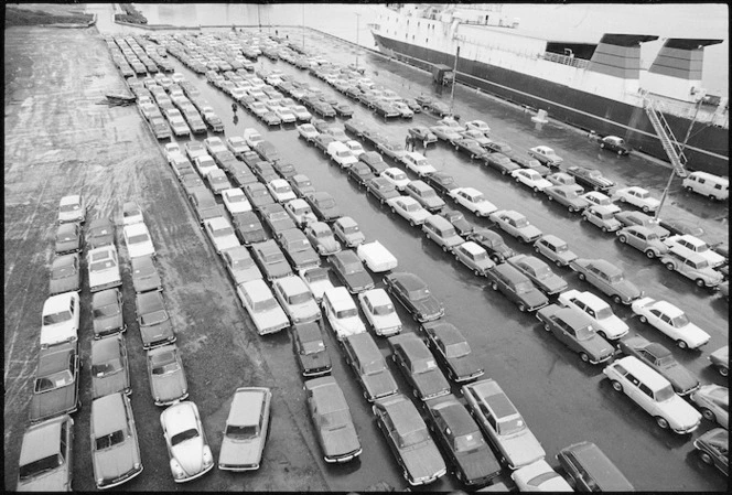 Rows of imported second-hand cars delayed on Taranaki Street wharf, Wellington