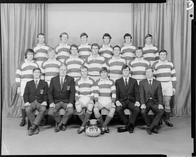 Taita Rugby Football Club, 1971 senior 3rd rugby union team, with cup, Wellington