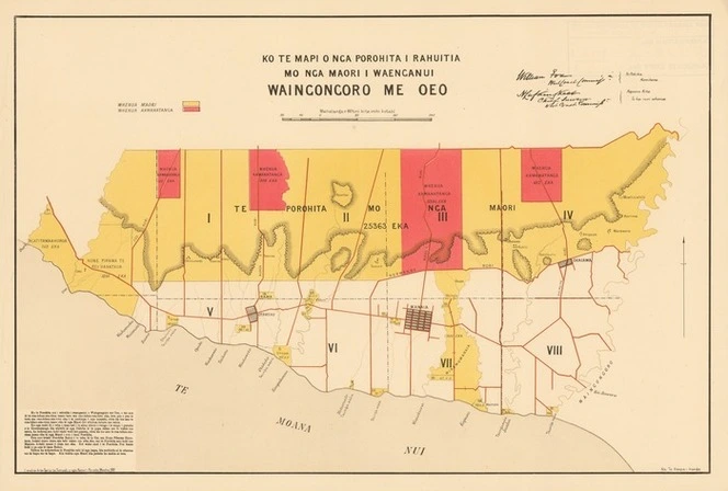 Ko te mapi o nga Porohita i Rahuitia, mo nga Māori i Whanganui, Waingongoro me Oeo / William Fox, West Coast commissioner ; H. Lufkin Skeet, District Surveyor.