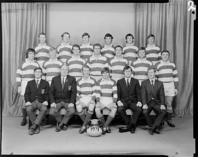 Taita Rugby Football Club, 1971 senior 3rd rugby union team, with cup, Wellington