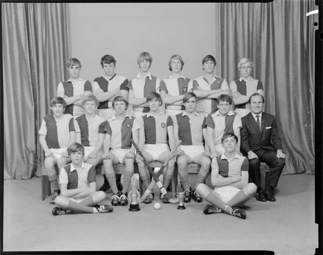 Tawa College, boys' 1st XI hockey team, with trophies, Wellington