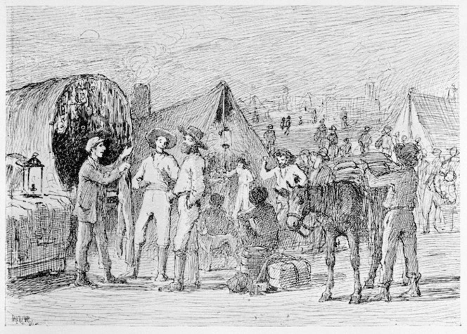 Photographic copy of a drawing by Charles Edward Hammond titled Pedlars at the diggings, Lindis gold field, Lindis Pass, Otago
