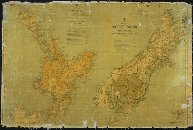 Map of the North Island, New Zealand to accompany Land guide, April 1882 : Map of the Middle Island, to accompany Land guide, April 1882.