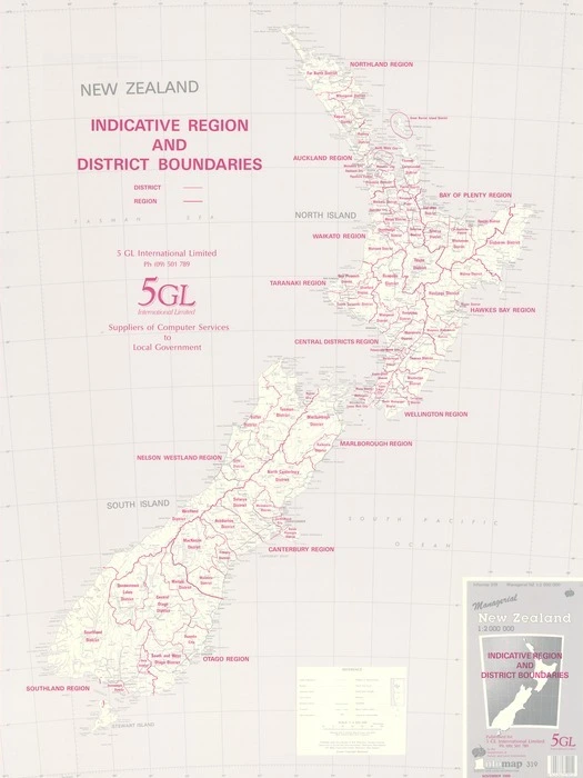 New Zealand indicative region and district boundaries / published for 5 GL International Limited by the Department of Survey and Land Information.