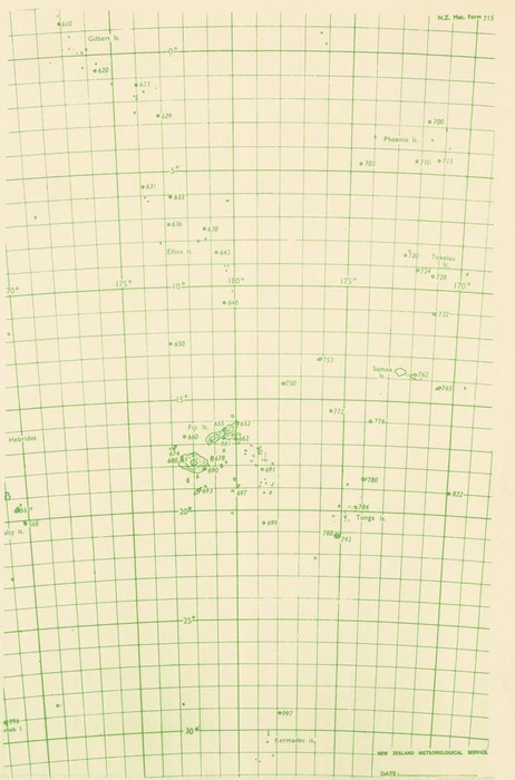 New Zealand Meteorological Service map of South Pacific Ocean between Gilbert Islands (Kiribati) and Kermadec Islands.