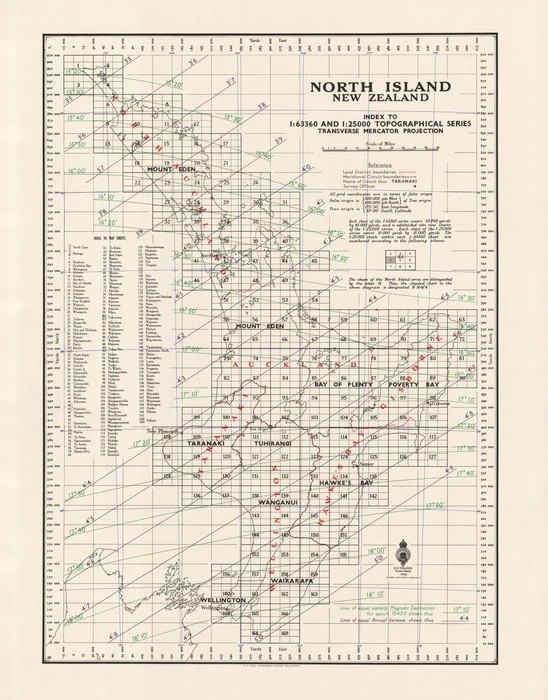 North Island, New Zealand. Index to 1:63360 and 1:25000 topographical series, Transverse Mercator projection. [Magnetic declination overlay].