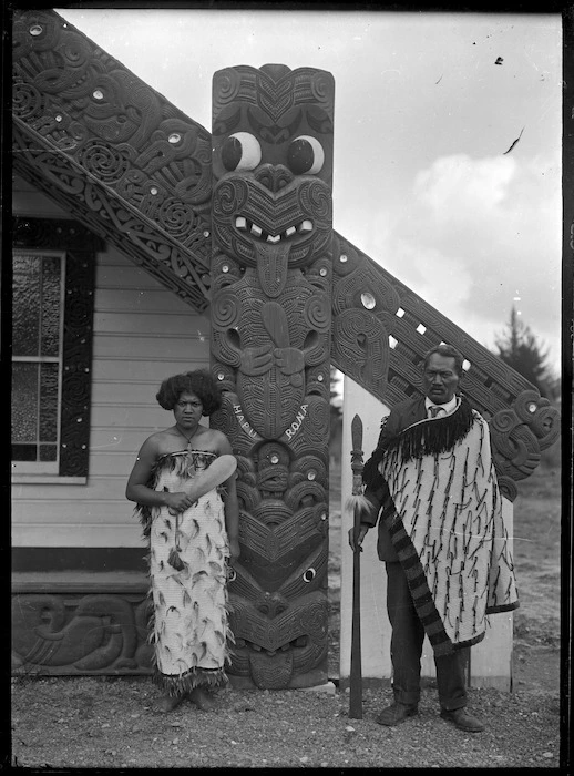 Chief Matekuare and his daughter Tuki outside a meeting house at Te Whaiti, 1930