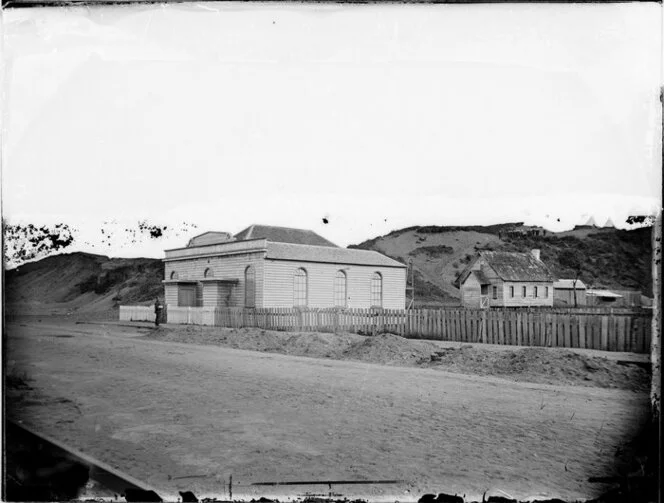 York Stockade, with soldiers and tents in the background, also described as Methodist Church and Hall