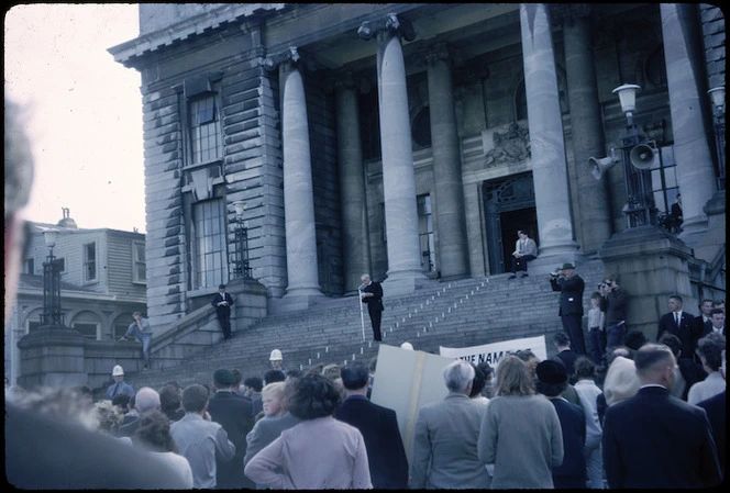 Anti Vietnam War demonstration protesting in front of Parliament, Wellington