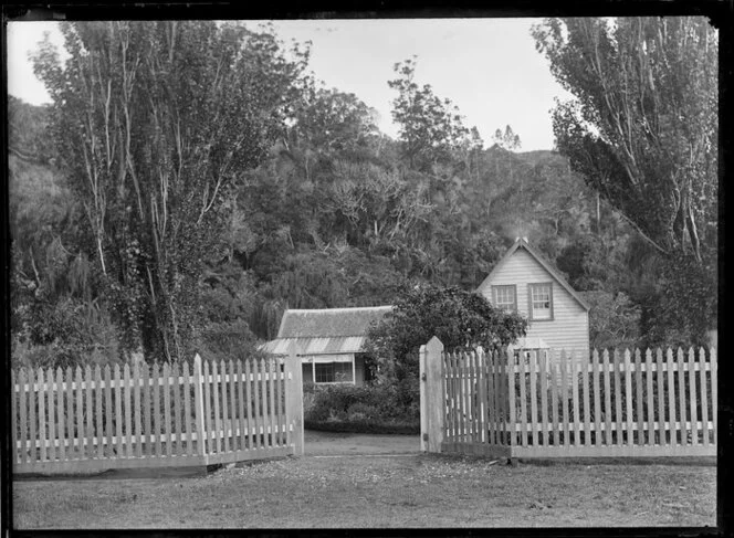 Front view of Major De Grut's house, Orewa, Rodney District, including native trees and fence