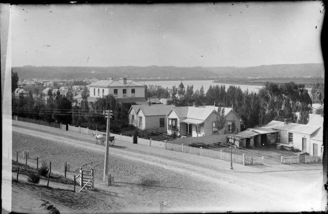 Houses in Bell Street, Wanganui, looking towards the river