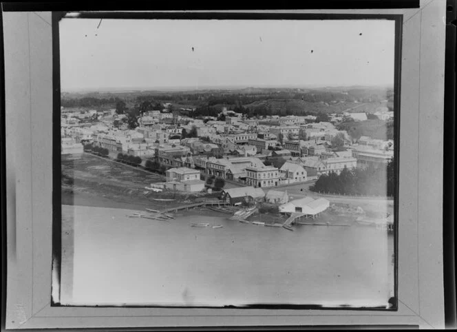 View of Whanganui from Durie Hill showing boat sheds on Taupo Quay opposite Market Place