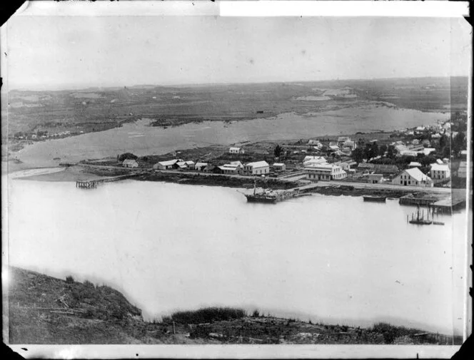 Southern part of the town from Durie Hill, showing wharves, Wanganui