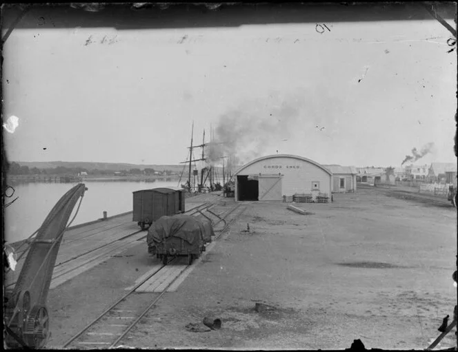 Whanganui wharf area with railway track and steamship
