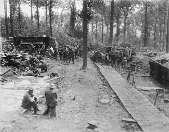 New Zealand soldiers bivouacking in Ploegsteert Wood, Belgium