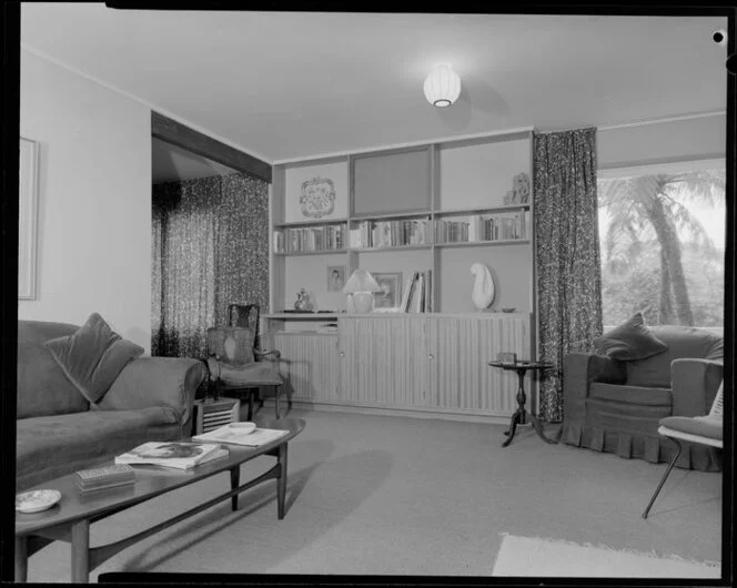 Ellis house, 5 Glentui Grove, Khandallah, living room