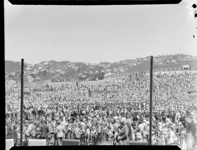 Children gathered at Athletic Park, Wellington, to meet Queen Elizabeth II, Royal Tour 1953-1954