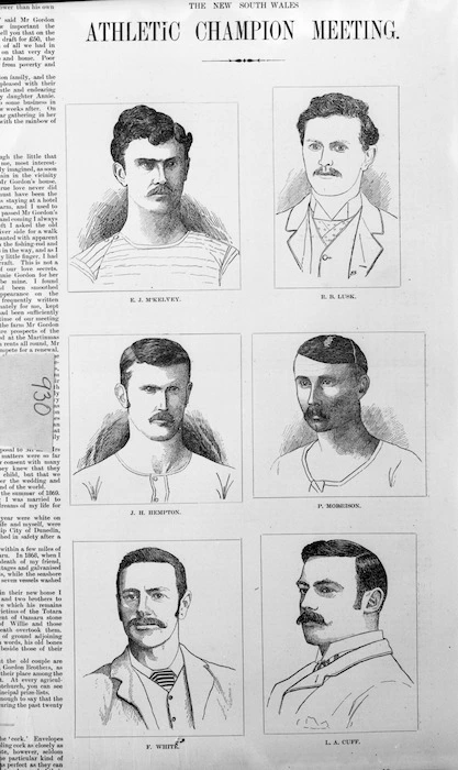 Photographic copy of individually drawn portraits depicting six athletes active during 1890