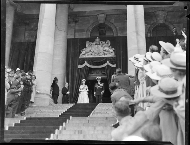 Queen Elizabeth II and the Duke of Edinburgh on Parliament Building steps at the opening of Parliament, Royal Tour 1953-1954