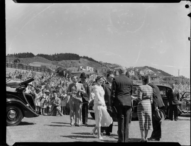 Queen Elizabeth II and the Duke of Edinburgh at the children's gathering, Athletic Park, Wellington, Royal Tour 1953-1954