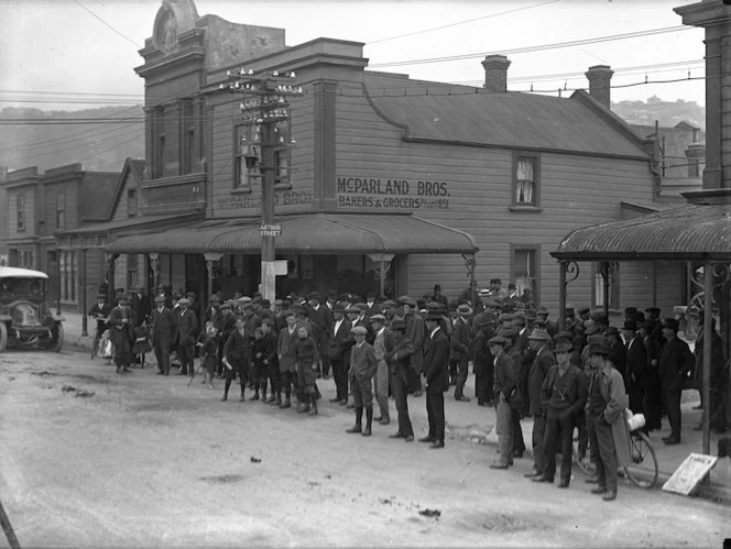 Striking waterfront workers on Taranaki Street, Wellington