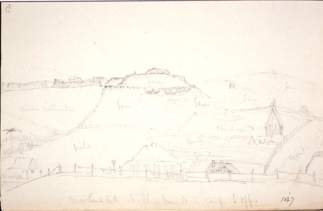 Collinson, Thomas Bernard 1822-1902 :Marsland Hill, N[ew] P[lymouth] from N. Z. Comp[any] L[and] Off[ice]. 1847