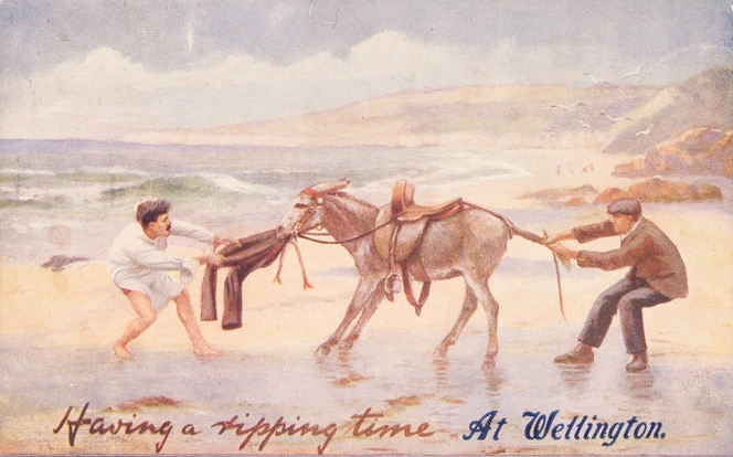 [Postcard]. Having a ripping time in Wellington. [ca 1910].