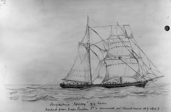 [Munro, John Alexander] 1872-1947 :Brigantine "Spray" 99 tons, sailed from Cape Breton Island and arrived in Auckland N.Z. 1857. [n.d.]