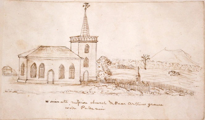 Taylor, Richard, 1805-1873 :Waimate mission church & dear Arthur's grave with Pukenui. [1841]