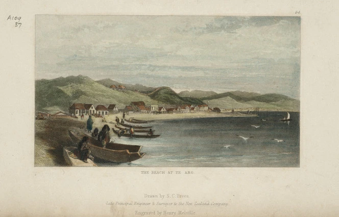[Brees, Samuel Charles] 1810-1865 :The beach at Te Aro [Engraved by Henry Melville] drawn by S C Brees. [1847]